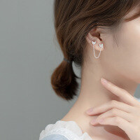 wholesale S925 sterling silver diamond-inlaid butterfly ear chain double ear piercing integrated temperament earring G9089-S925 silver pair silver 925 silver