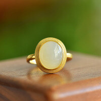 wholesale 925 Sterling Silver with Hetian Jade Oval Adjustable Open Ring for Women, with Certificate-Gold model Adjustable opening