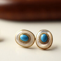 wholesale S925 silver inlaid natural beautiful pine white mother-of-pearl geometric stud earrings with 5*7mm main stone, blue earrings, incredibly versatile-Meisong White Mother-of-Pearl Geometric Earrings>925 Silver