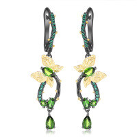 wholesale S925 Silver Secret Garden Designer Butterfly Earrings, Natural Style with Genuine Gemstone Diopside Ear Drops-Natural green agate earrings