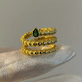 wholesale S925 Silver Gold-Plated 3*4mm Simulated Emerald Snake Shape Zircon Women's Brushed Ring-0-1