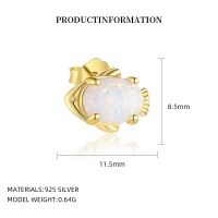 wholesale S925 Sterling Silver Cross-Border Ocean Style Opal Cat's Eye Sea Turtle Stud Earrings, Wholesale-YE0198_Synthetic Opal_18K Yellow Plated_Pair_With Small Flower Ear Caps 925 Silver