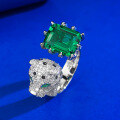wholesale S925 Silver Ring, Mu Jing Jewelry High Carbon Diamond Leopard Series Simulated Emerald 8*10mm Leopard Ring-0-2