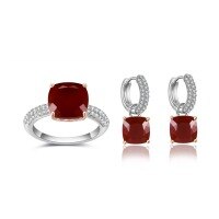 wholesale S925 Sterling Silver Vintage Square Gem Set Natural Rose Quartz Earrings Aqua Chalcedony Red Agate Jewelry-Natural red agate ring (size 5-10)