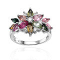 wholesale S925 Sterling Silver Luxury Fashion Natural Gemstone Ring for Women, High-End Design with Pavé Natural Tourmaline-0-0