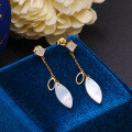 wholesale S925 Silver Japanese Light Luxury Jewelry Minimalist Diamond-shaped Moonstone Tassel Chain Earrings Versatile Teardrop White Shell-0-0