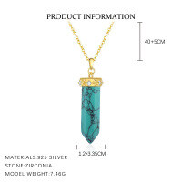 wholesale Metal Hexagonal Prism Moon Pendant Necklace For Women, Amazon Bestseller, Original Crystal Stone Wholesale-YA0469_Wired turquoise crystal column/white zirconium_plated 18K yellow 925 silver