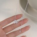 wholesale S925 Sterling Silver Diamond-Inlaid Five-Petal Flower Butterfly Tassel Necklace, Fashion Minimalist Niche Sophisticated Collarbone Jewelry-0-2