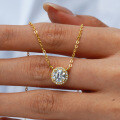 14K Gold Plated 925 Silver Full Halo Moissanite 1ct Round Pendant Necklace-0-1