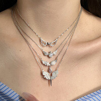 wholesale S925 Sterling Silver Cross-Border Live Streaming Women's Necklace, Unique Design Small Angel Wing Full Diamond Pearl Inlaid Collarbone Chain-Platinum DY190782-SW-WH>925 Silver