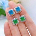 wholesale Metal material, Mujing Jewelry simulated emerald 7*7 ear studs with full diamond halo, women's earrings for Amazon drop shipping-0-3