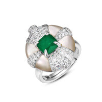 wholesale 925 Silver Gold-Plated Ring with High Carbon Diamond, Muzo Green Mother-of-Pearl, Vintage Retro Niche Jewelry, Versatile Women's Ring-Muzo Green Adjustable opening