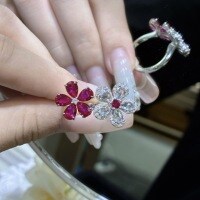 925 Silver Lab-Grown Ruby Flower Ring, Retro Design, Fashionable-Cultivated Ruby  US Size 6