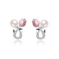 wholesale S925 Sterling Silver Pink Rose Pearl Earrings for Women, Sweet Tulip Flower Design High-end Earrings-0-4