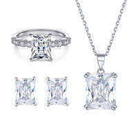 wholesale 925 Sterling Silver Square Zirconia Stud Earrings High Carbon Diamond Square Ring Crystal Necklace Women's Versatile Jewelry Set 3-Piece-Ring TL-259 US size 10#