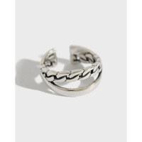wholesale S925 Sterling Silver Vintage Distressed Cross Chain Openwork Ring for Women, Korean Version, Inspired by Instagram Fashion-Vintage silver Adjustable opening