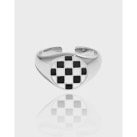 wholesale S925 Sterling Silver 709 Korean Version Small Ins Design Minimalist Geometric Circle Black and White Checkerboard Openable Ring for Women-Platinum [No. 14/Adjustable] Opening adjustable