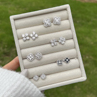 wholesale S925 Sterling Silver Women's Dainty Four-Leaf Clover Zirconia Bead Design Exquisite High-End Earrings-DY1D0273-SW-BK 925 silver