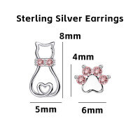 wholesale 925 Sterling Silver Cartoon Cat Ear Studs, Hypoallergenic, Versatile, Small And Exquisite, High-end Ins Style, No Need To Remove-Pink Diamond Cat Paw Earrings
