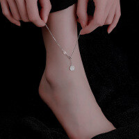 wholesale S925 Sterling Silver Chinese Style "Fu" Character Anklet with Diamond Accents, Elegant Vintage Minimalist Shiny Diamond Ankle Jewelry with Tassels-Fu Brand Anklet - Platinum &gt; 925 Silver