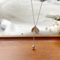 wholesale Metal Material S999 New Romantic Two-Leaf Promise Pearl Tassel Ginkgo Leaf Unique and Versatile Elegant Collarbone Necklace-Pure Silver Leaf Necklace Pure Silver