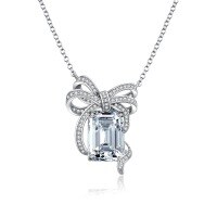 wholesale S925 Sterling Silver Bow Necklace for Women with Aquamarine and High-Carbon Diamond Pendant Collarbone Chain-White-XL036 925 silver
