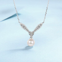 wholesale 925 Sterling Silver Rabbit Ear Necklace for Women, Original Indie Design with National Trend Pearl Pendant, Year of the Rabbit Collarbone Chain-8mm round beads / 77 points  925 silver