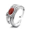 wholesale S925 Sterling Silver Antique Craft Feather Inlaid with South Red Agate Openable Ring Retro Chinese Trendy Style Index Finger Ring-0-4