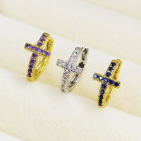 wholesale Metal S925, zirconia, cross ear for women, punk style, ins vintage, cross-border accessory-Gold-Blue Diamond 925 Silver