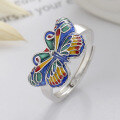 wholesale S925 Sterling Silver Colorful Dripping Glaze Three-Dimensional Butterfly Design Ring Vintage Classical Style Index Finger Ring-0-0