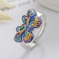wholesale S925 Sterling Silver Colorful Dripping Glaze Three-Dimensional Butterfly Design Ring Vintage Classical Style Index Finger Ring-829J/approx. 4.6g Adjustable opening