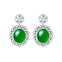 wholesale Gold-plated 925 Silver Earrings with High-Carbon Diamond, Muzo Green Natural Chalcedony Cabochon, New Chinese Style Party Event Women's Ear Drops-Natural chalcedony 925 silver