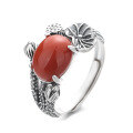 wholesale S925 Sterling Silver Vintage Ethnic Style Lotus Leaf and Pod with Southern Red Inlay Light Luxury Elegant Open Ring-0-4