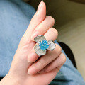 wholesale 10*10mm Radiant Cut Aquamarine Floral Ring for Women, Full Diamond Halo Setting in [Metal Material]-0-2