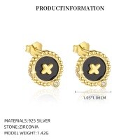 wholesale S925 Sterling Silver Round Vintage Button Earrings With Inlaid White Shell, Luxury Advanced Style, Cross-border Wholesale-YE0205_White Zirconium/Black Agate_18K Yellow Plated_Pair_With Small Flower Ear Caps 925 Silver