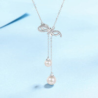 wholesale 925 Sterling Silver Natural Freshwater Pearl Necklace for Women, New Style Bow Pendant Light Luxury Elegant Collarbone Chain Wholesale-15.7 points/6mm round beads-8mm round beads