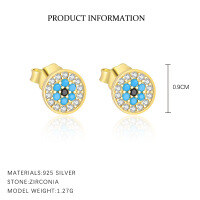 wholesale 925 Sterling Silver Demon's Eye Ear Studs With Micro-set Zirconia, Unique Women's Earrings-YE0193_Colored zirconium_18K yellow plating_Swimming paint_Palladium base_With small flower ear cap