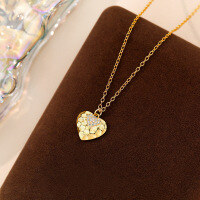 wholesale S925 Sterling Silver Women's Love Heart Texture Necklace With Micro Inlaid Zirconia-A3456-Gold 925 Silver