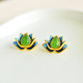 wholesale 925 Silver Cold Enamel Cloisonné with Inlaid Waterdrop Green Jade Earrings, Palace Retro Style Hanfu Qipao Ear Accessories-0-5