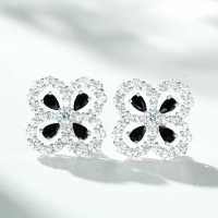 S925 Silver Zirconia Four-Leaf Clover Stud Earrings, High-Carbon Diamond, Ins Style-Black Diamond - ED006  925 Silver