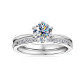 wholesale S925 Sterling Silver Classic Six-Claw Moissanite Set Ring T-Style Duo, D Color, Niche Design, Fashionably Versatile Wedding Band-0-4