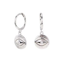 wholesale Sterling Silver Evil Eye Hoop Earrings with Circular Pendant, Trendy and Unique Eye Design, Niche Stylish Ear Accessories-Platinum 925 silver