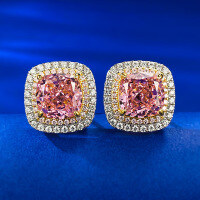 wholesale S925 Silver Metal, Mu Jing New 8*8 Padparadscha High Carbon Diamond Ear Studs for Foreign Trade Europe and America Cross-Border Ear Jewelry-E464 Padparadscha 925 Silver