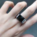 wholesale Design a high-end, sophisticated men's ring featuring natural black onyx with S925 silver setting and square-cut malachite gemstone-0-2