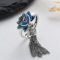 wholesale S925 Sterling Silver Bohemian Ethnic Style Resin Blue Lotus Tassel Bell Ring Elegant and Chic Jewelry-0-0