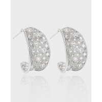wholesale S925 Sterling Silver Geometric Curved Openwork Woven Mesh Design with Inlaid Diamonds Women's Earrings-Platinum [with rubber earplugs] > 925 silver