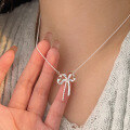 wholesale S925 Sterling Silver Popular Bow Necklace for Women, Korean Dongdaemun Style, Minimalist and Luxurious, Unique Collarbone Chain-0-2