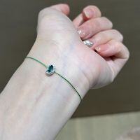 wholesale S925 Sterling Silver Vintage Emerald Bracelet with Green Gemstone Surrounded by Oval Diamonds and Woven Cord, Minimalist Niche Hand Accessory-Chain length 15+3CM 925 silver
