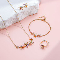 wholesale Metal material fashion zircon bracelet, butterfly flower necklace, colored stone ring and earrings in Korean style as blooming as summer flowers-xb1415-gold