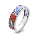 wholesale S925 Sterling Silver Enamel Koi Carp Auspicious Clouds Pattern Openwork Filigree Matte Craft Ring Ethnic Style Index Finger Ring-0-4